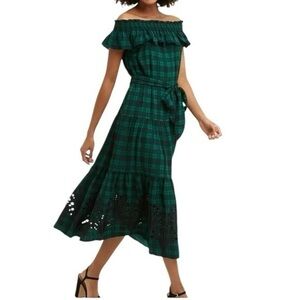 Draper James Off The Shoulder Tie Waist Dress in Angie Plaid in Evergreen XL